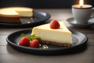 A delicious cheesecake sprinkled with goodies stands on a table with a beautiful background