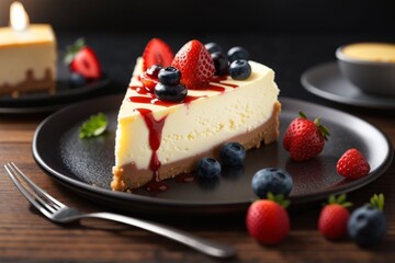 A delicious cheesecake sprinkled with goodies stands on a table with a beautiful background