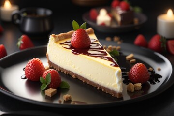 A delicious cheesecake sprinkled with goodies stands on a table with a beautiful background