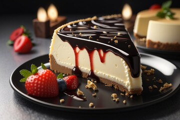 A delicious cheesecake sprinkled with goodies stands on a table with a beautiful background