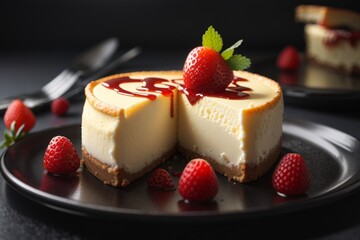 A delicious cheesecake sprinkled with goodies stands on a table with a beautiful background