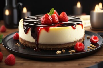 A delicious cheesecake sprinkled with goodies stands on a table with a beautiful background