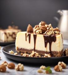 A delicious cheesecake sprinkled with goodies stands on a table with a beautiful background