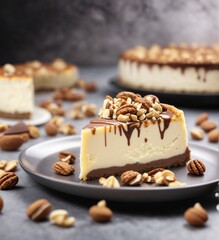 A delicious cheesecake sprinkled with goodies stands on a table with a beautiful background