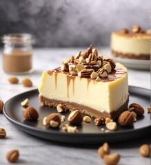 A delicious cheesecake sprinkled with goodies stands on a table with a beautiful background