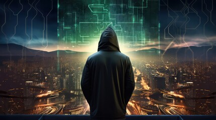 A hacker in a hoodie from a rear view. The scene is set against a backdrop of a nighttime city