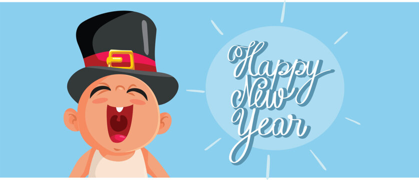 Baby with Top Hat Celebrating New Year Vector Banner Design. Cheerful infant having fun enjoying new beginnings 
