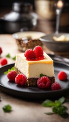 A delicious cheesecake sprinkled with goodies stands on a table with a beautiful background