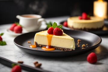 A delicious cheesecake sprinkled with goodies stands on a table with a beautiful background