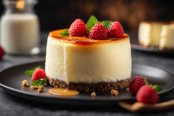 A delicious cheesecake sprinkled with goodies stands on a table with a beautiful background