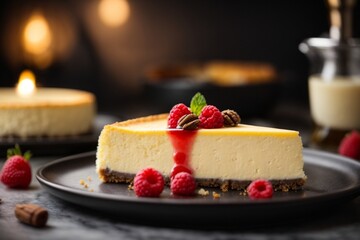 A delicious cheesecake sprinkled with goodies stands on a table with a beautiful background
