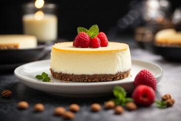 A delicious cheesecake sprinkled with goodies stands on a table with a beautiful background