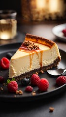 A delicious cheesecake sprinkled with goodies stands on a table with a beautiful background