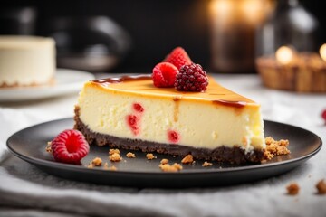 A delicious cheesecake sprinkled with goodies stands on a table with a beautiful background