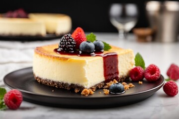 A delicious cheesecake sprinkled with goodies stands on a table with a beautiful background