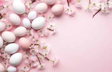 Fototapeta na wymiar Colorful pink and white easter eggs with whites birds and leaves background with copy space, cherry blossoms, light pink and light brown, textured canvas, greeting card or banner template