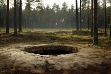 Large ground hole at forest. Real Dangerous. Generative AI