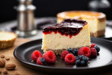 A delicious cheesecake sprinkled with goodies stands on a table with a beautiful background