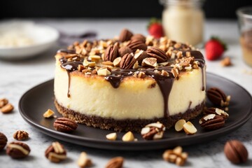 A delicious cheesecake sprinkled with goodies stands on a table with a beautiful background
