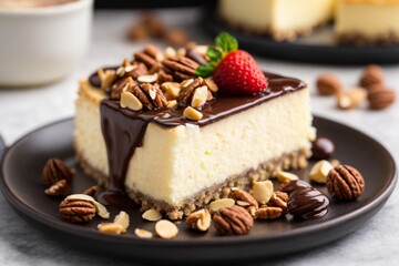 A delicious cheesecake sprinkled with goodies stands on a table with a beautiful background