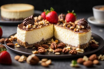 A delicious cheesecake sprinkled with goodies stands on a table with a beautiful background