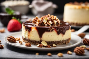 A delicious cheesecake sprinkled with goodies stands on a table with a beautiful background