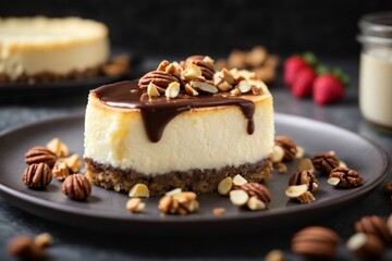A delicious cheesecake sprinkled with goodies stands on a table with a beautiful background
