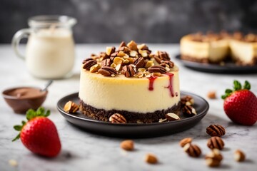 A delicious cheesecake sprinkled with goodies stands on a table with a beautiful background