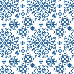 Seamless abstract pattern with snowflakes. Blue, white. Christmas, New Year. Ornament. Designs for textile fabrics, wrapping paper, background, wallpaper, cover.