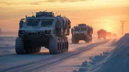 armored vehicle convoy, glowing citadel, setting sun, snow trails, post-apocalyptic survival.