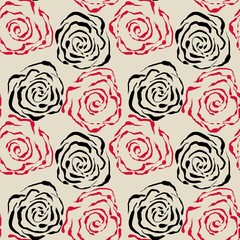 Seamless abstract floral pattern. Red, black, beige. Illustration. Botanical texture. Roses, flowers texture. Design for textile fabrics, wrapping paper, background, wallpaper, cover.