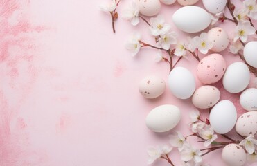 Naklejka na ściany i meble Colorful pink and white easter eggs with whites birds and leaves background with copy space, cherry blossoms, light pink and light brown, textured canvas, greeting card or banner template