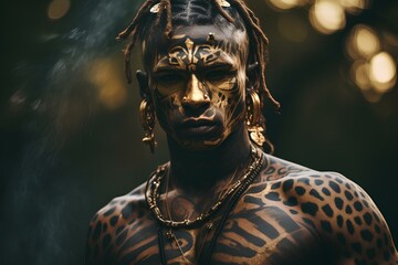 Mode, Fashion, Portrait of a young African black man indigenous warrior, gold smoke effect, leopard print tattoos on his body, tribal dress, neon effect. generative AI