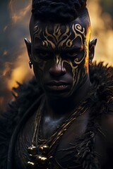 Mode, Fashion, Portrait of a young African black man indigenous warrior, gold smoke effect, leopard print tattoos on his body, tribal dress, neon effect. generative AI