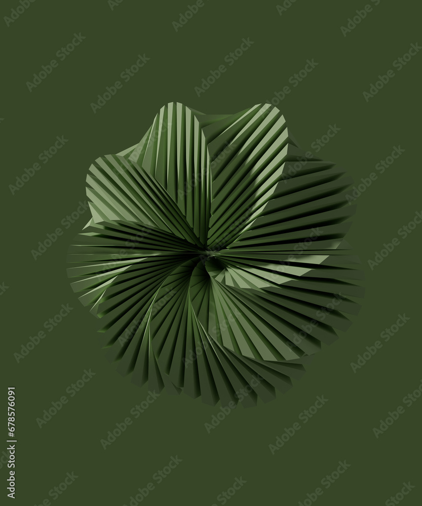 Fototapete Abstract twisted complex figure. Smooth round wavy shape. Dark green monochrome background. 3D rendering