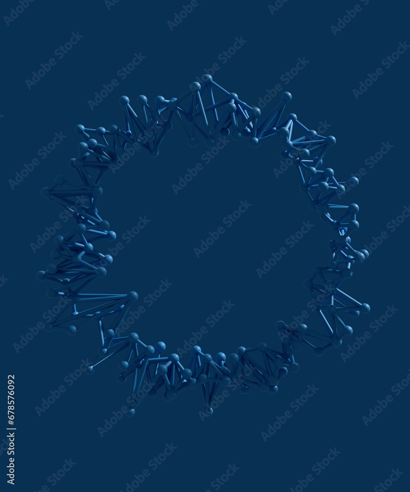 Poster abstract technical form. a complex figure of intertwined atoms and neural connections in the shape o
