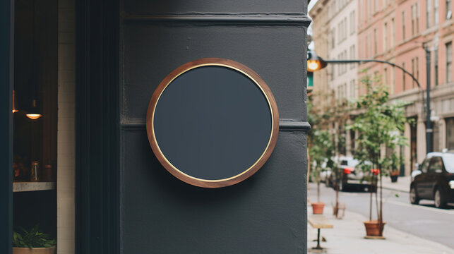 Generative AI, coffee shop street signboard mock up for logo design, brand presentation, aesthetic muted neutral colors, on the wall outdoor