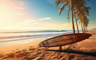 Surfboard on the beach.morning time. - obrazy, fototapety, plakaty