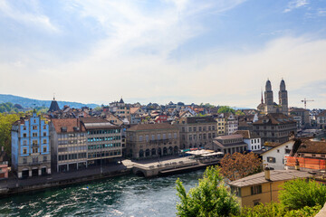 View of old town of Zurich and the Limmat river from Lindenhof hill, Switzerland