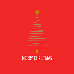 Merry Christmas text and Christmas tree on red background.