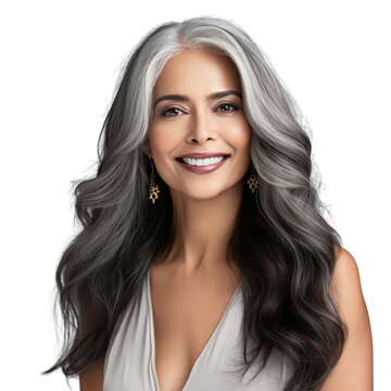 Beautiful Aging Mature Indian Woman With Smooth Healthy Face Skin And Long Gray Hair And Happy Smiling On A Transparent Background.