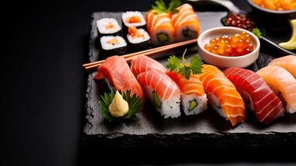 Sushi on Slate - Various kinds of sushi food served on blackstone. Generative AI