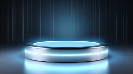 Abstract shine silver cylinder pedestal podium. Sci-fi white empty room concept with semi circle glowing neon lighting. Product display presentation. Futuristic wall scene. Made with generative ai