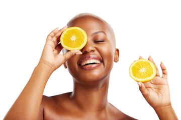 Black woman, laughing or orange for skincare, beauty or diet nutrition for wellness, health or fruits. Eye, funny or happy African person with smile or glow isolated on transparent png background