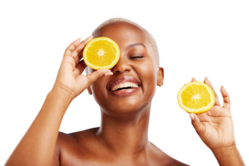 Black woman, laughing or orange for skincare, beauty or diet nutrition for wellness, health or fruits. Eye, funny or happy African person with smile or glow isolated on transparent png background