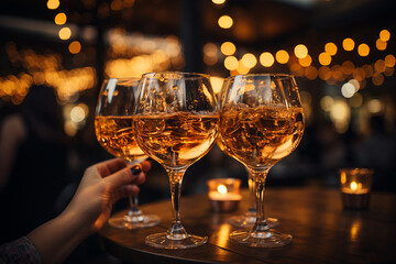 A girl at a bar takes a glass of alcohol from the bar counter. A girl's hand holds a glass of champagne. AI