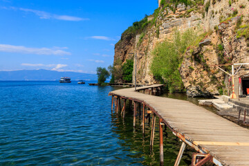 The wooden Bridge of Wishes along the Ohrid lake in Ohrid, North Macedonia