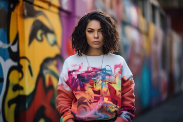 Fototapeta premium Stylish Young Woman Against Graffiti Wall