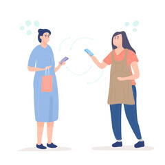 Vector illustration woman shopping and pay mobile contactless to seller with digital marketing technology