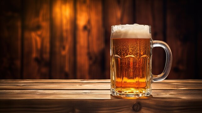 A mug of beer with some foam on wooden table